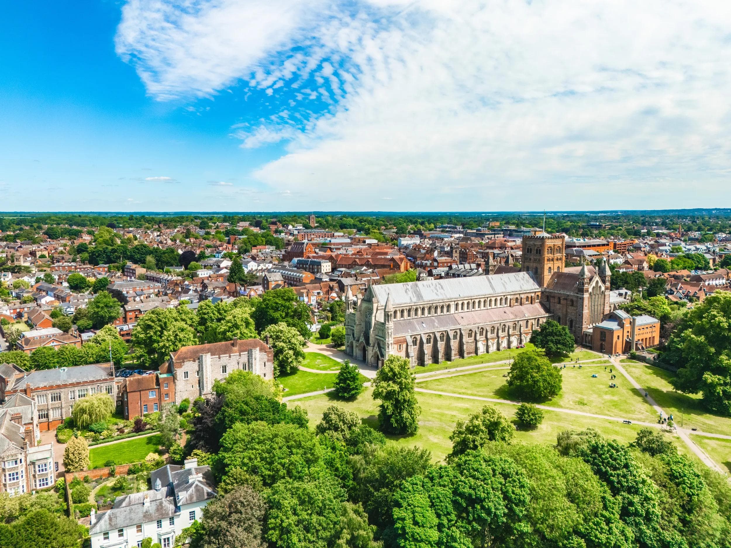 An aerial photo of the Cathedral & City of St Albans in Hertfordshire, England