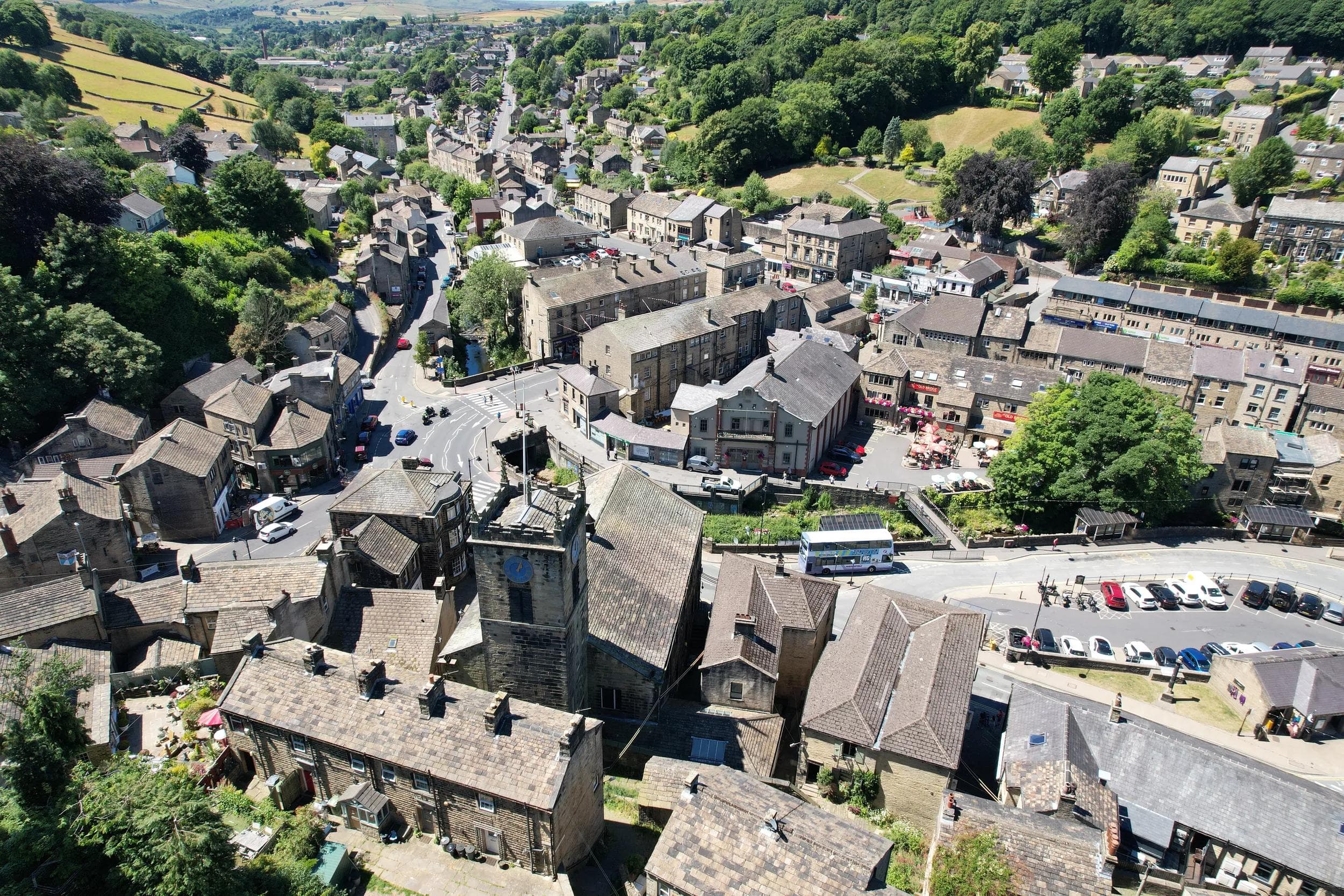 Holmfirth town centre West Yorkshire, England  drone aerial view