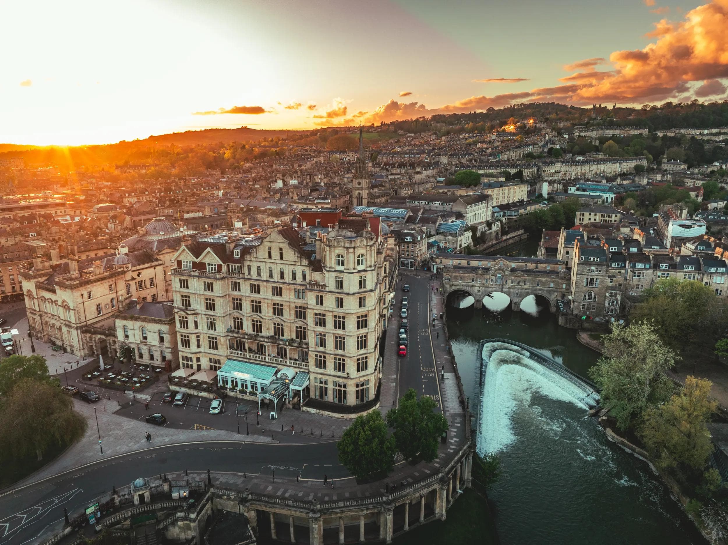 Drone view of Pulteney bridge in Bath, Englandin UK